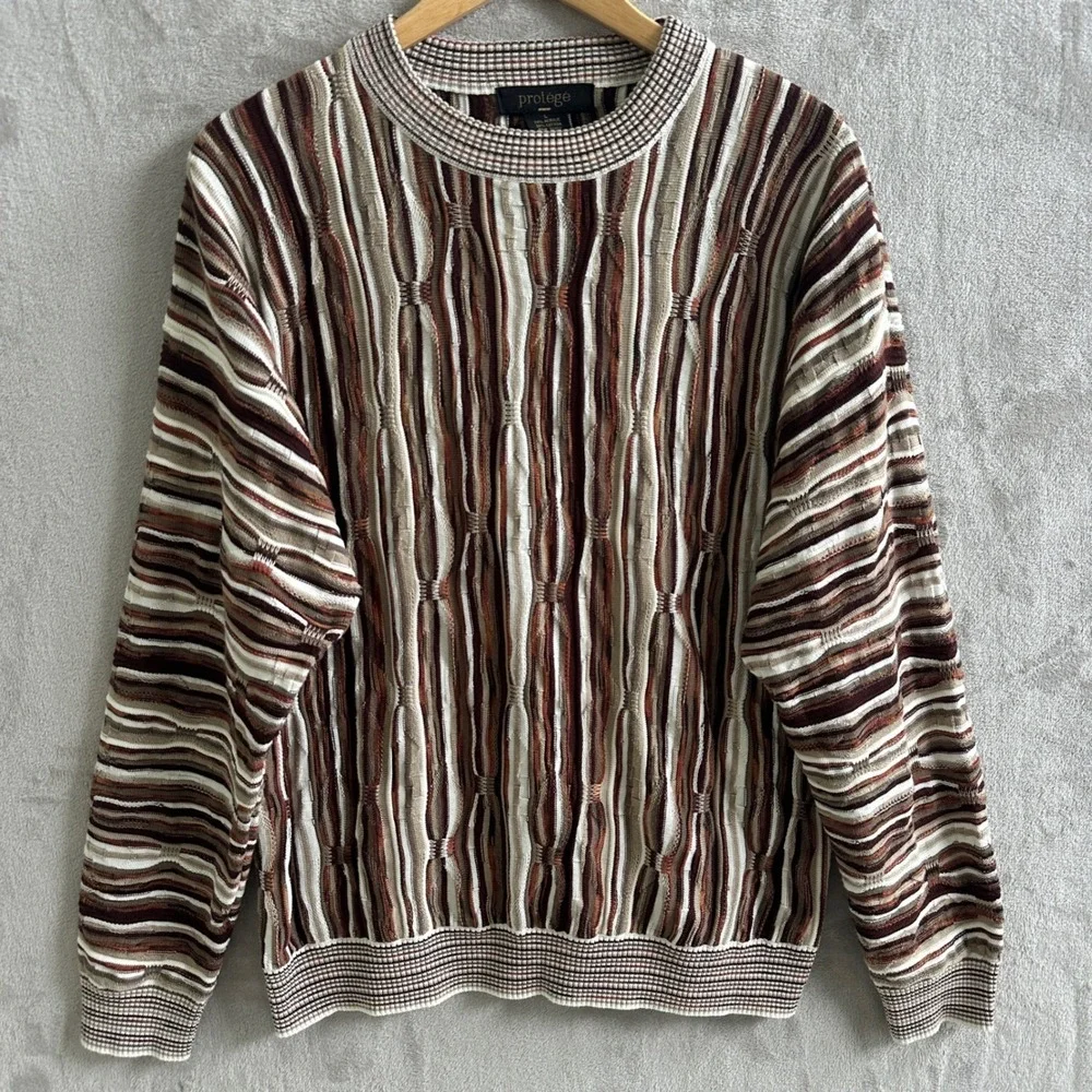 VTG 90s Protégé Coogi Style 3D Textured Knit Sweater Cosby Size L Brown Tan